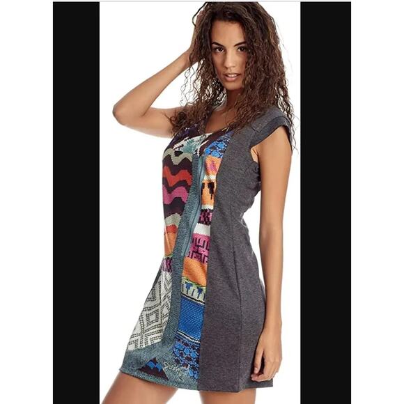 Desigual Dress Printed Knit Sweater Zipper Boho Quirky Colorful Gray Size M - Picture 3 of 15